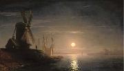 Ivan Aivazovsky A windmill overlooking a moonlit bay oil painting on canvas